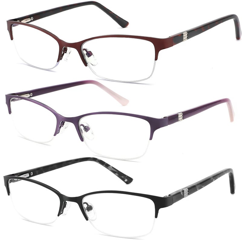 HOTJOJO 3 Pack Reading Glasses for Women Blue Light Blocking Metal Oval Half Frame Womens Readers Glass with Spring Hinge Anti Blue Ray Reduce Eye Strain Glare Headache275 Magnification Strength