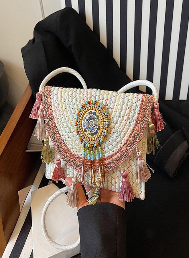 capasin Mandala Bohemian Knitted Envelope Purses Cute Boho Beach Woven Small Shoulder Bags for Women (White) - Image 5