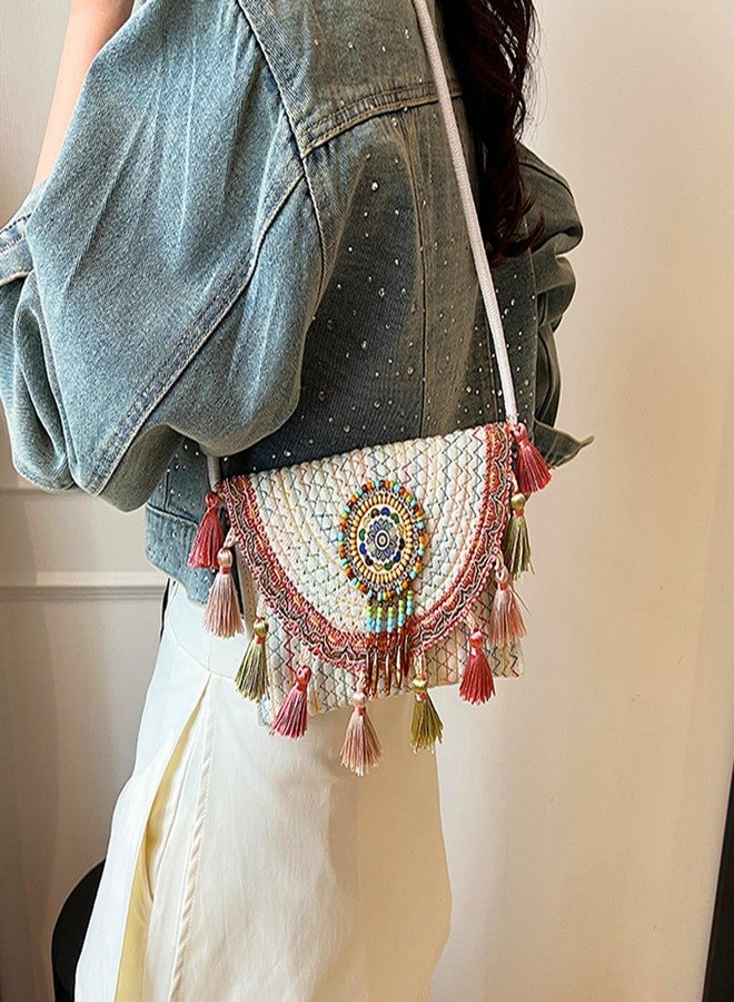 capasin Mandala Bohemian Knitted Envelope Purses Cute Boho Beach Woven Small Shoulder Bags for Women (White) - Image 3