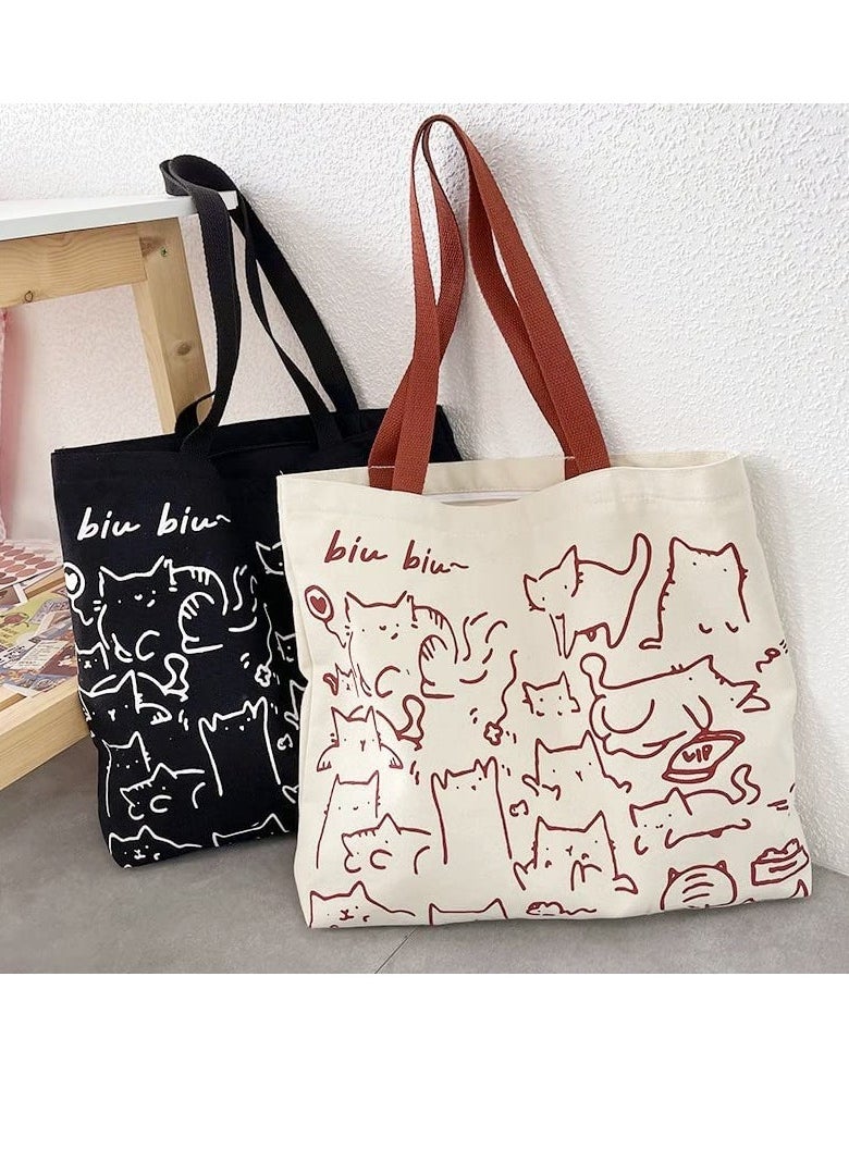 Excefore - Cat Canvas Tote Bag, Large Cute Tote Bag for Women with Zip, Cotton Reusable Shopping Bag with Pocket, Shopper Bag Cat Lovers Gift (white) - Image 1