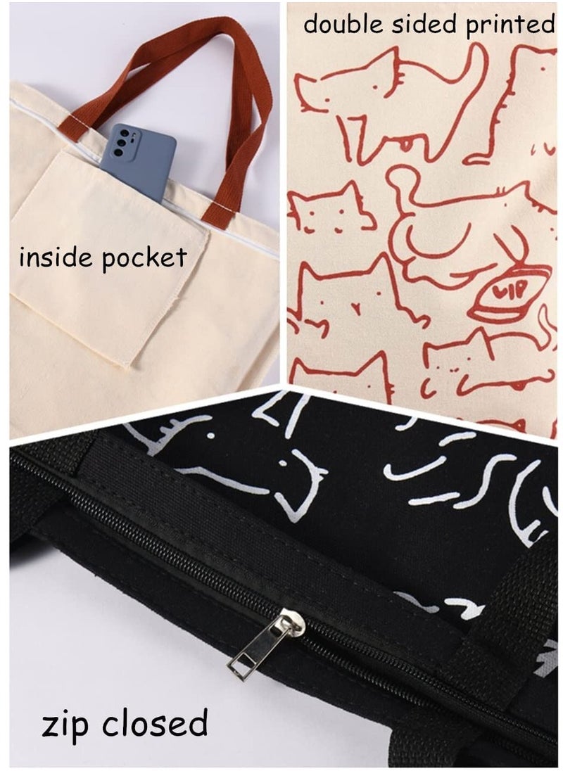 Excefore - Cat Canvas Tote Bag, Large Cute Tote Bag for Women with Zip, Cotton Reusable Shopping Bag with Pocket, Shopper Bag Cat Lovers Gift (white) - Image 1