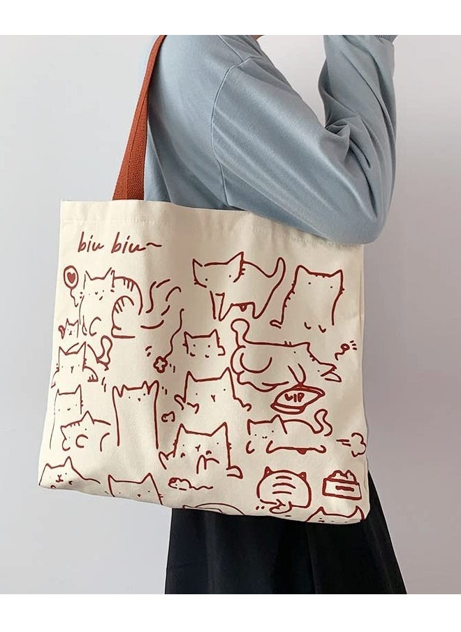 Excefore - Cat Canvas Tote Bag, Large Cute Tote Bag for Women with Zip, Cotton Reusable Shopping Bag with Pocket, Shopper Bag Cat Lovers Gift (white) - Image 1