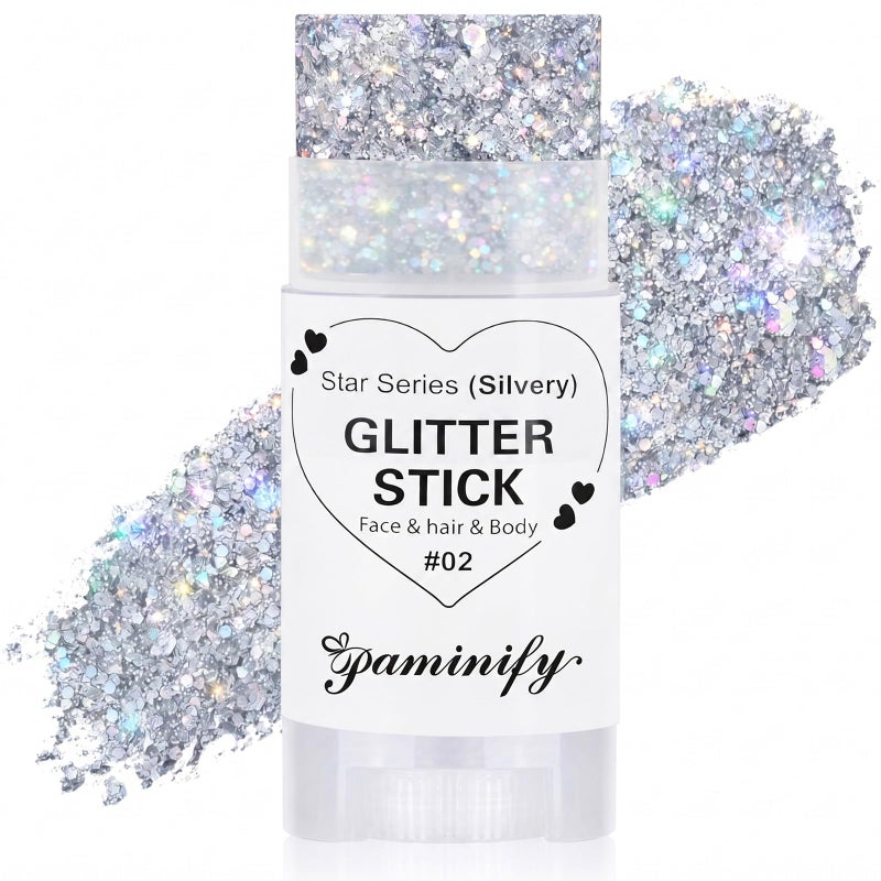 Paminify Silver Hair Glitter StickCheer Body Face GlitterMardi Gras Outfit for WomenRave Music Festival Singer Concert AccessoriesWaterproof Halloween Cosplay Shimmer Makeup - Image 3