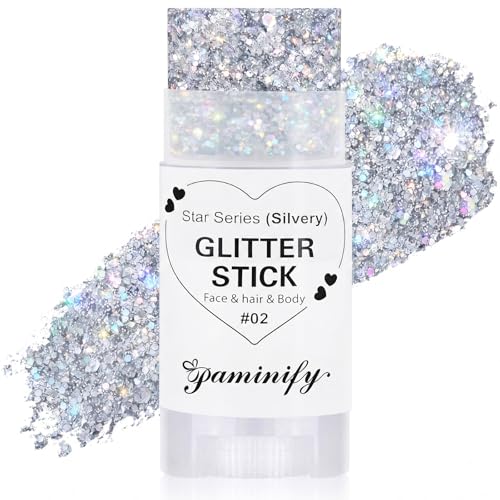 Paminify Silver Hair Glitter StickCheer Body Face GlitterMardi Gras Outfit for WomenRave Music Festival Singer Concert AccessoriesWaterproof Halloween Cosplay Shimmer Makeup - Image 1