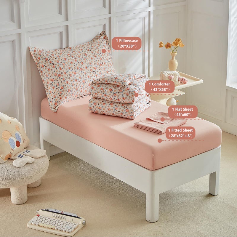 DuShow Toddler Bedding Set for Girls,4 Pieces Floral Toddler Girl Comforter Set,Super Soft Reversible Toddler Sheet Set,Lightweight Crib Bed Set -Pink - Image 4