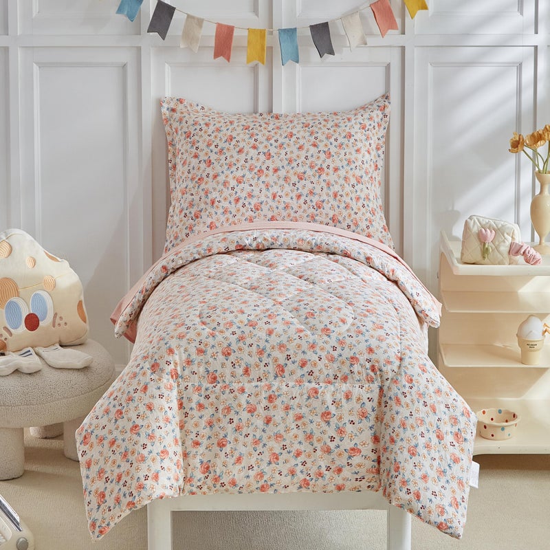 DuShow Toddler Bedding Set for Girls,4 Pieces Floral Toddler Girl Comforter Set,Super Soft Reversible Toddler Sheet Set,Lightweight Crib Bed Set -Pink - Image 1