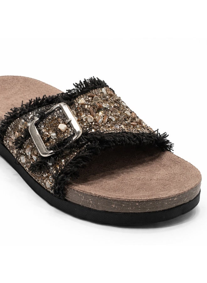Women's slippers adorned with gold crystals and a metal buckle - Image 5
