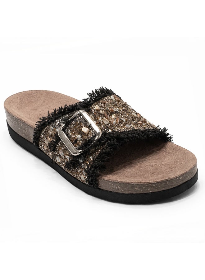 Women's slippers adorned with gold crystals and a metal buckle - Image 4