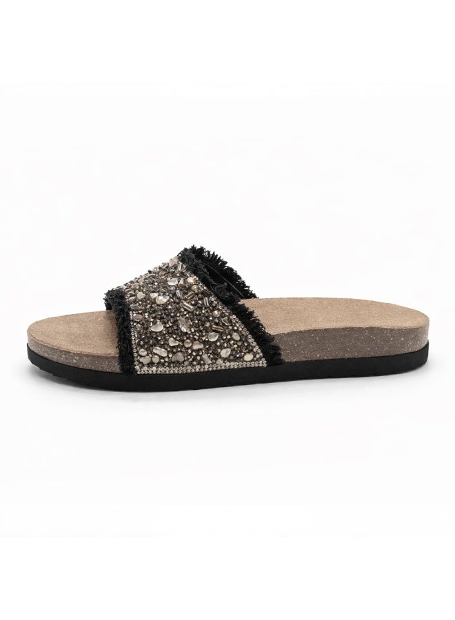Women's slippers adorned with gold crystals and a metal buckle - Image 3