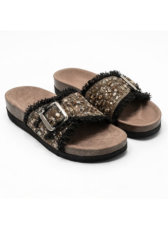 Women's slippers adorned with gold crystals and a metal buckle - Image 1