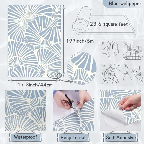 Theper White and Blue Wallpaper Peel and Stick Wallpaper Boho 17.3"×197" Modern Wallpaper Self Adhesive Removable Wall Paper for Bedroom Blue Contact Paper for Cabinets Drawers Shelf Home Decor Vinyl Film - Image 3
