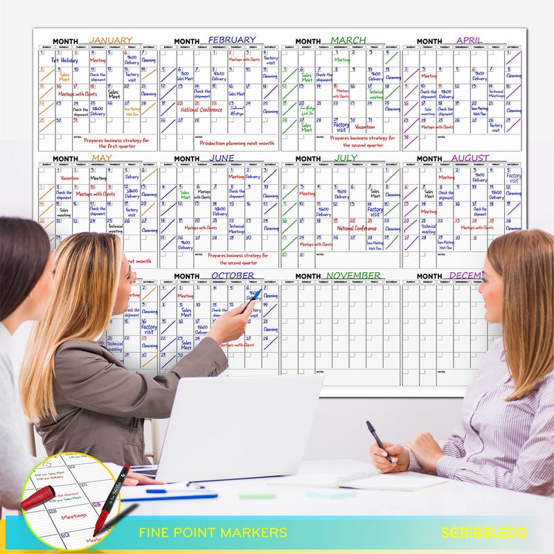 Scribbledo Large 36"x48" White Board Calendar for Wall 12 Month Planner Board Big Dry Erase Wall Calendar Monthly Large Includes 6 Markers Eraser Push Pins & Mounting Tape - Image 2
