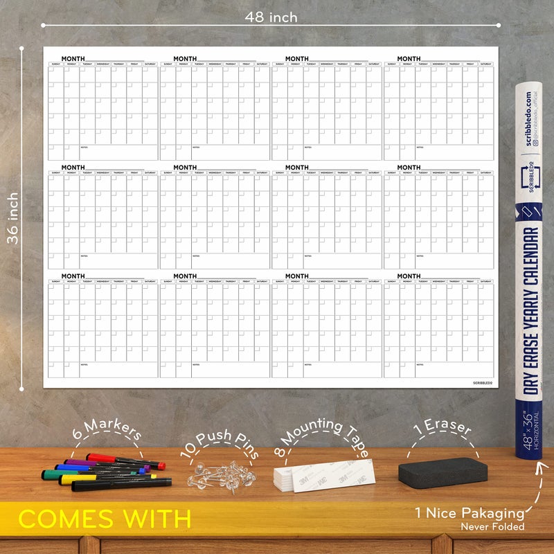 Scribbledo Large 36"x48" White Board Calendar for Wall 12 Month Planner Board Big Dry Erase Wall Calendar Monthly Large Includes 6 Markers Eraser Push Pins & Mounting Tape - Image 3
