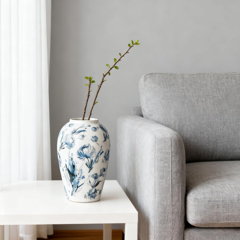 Arborus Ceramic Flower Vase, 9.8 Inch White and Blue Rustic Vases for Home Decor, Handcrafted Farmhouse Tall Vintage Vases for Living Room, Table, Bathroom, Chinoiserie Decoration - Image 4