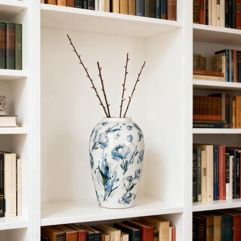 Arborus Ceramic Flower Vase, 9.8 Inch White and Blue Rustic Vases for Home Decor, Handcrafted Farmhouse Tall Vintage Vases for Living Room, Table, Bathroom, Chinoiserie Decoration - Image 2