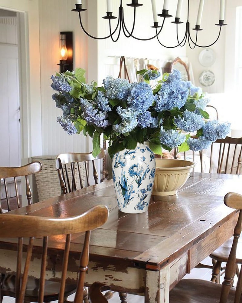 Arborus Ceramic Flower Vase, 9.8 Inch White and Blue Rustic Vases for Home Decor, Handcrafted Farmhouse Tall Vintage Vases for Living Room, Table, Bathroom, Chinoiserie Decoration - Image 5