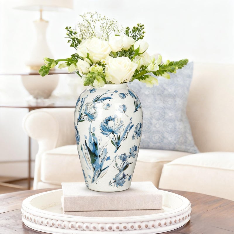 Arborus Ceramic Flower Vase, 9.8 Inch White and Blue Rustic Vases for Home Decor, Handcrafted Farmhouse Tall Vintage Vases for Living Room, Table, Bathroom, Chinoiserie Decoration - Image 3