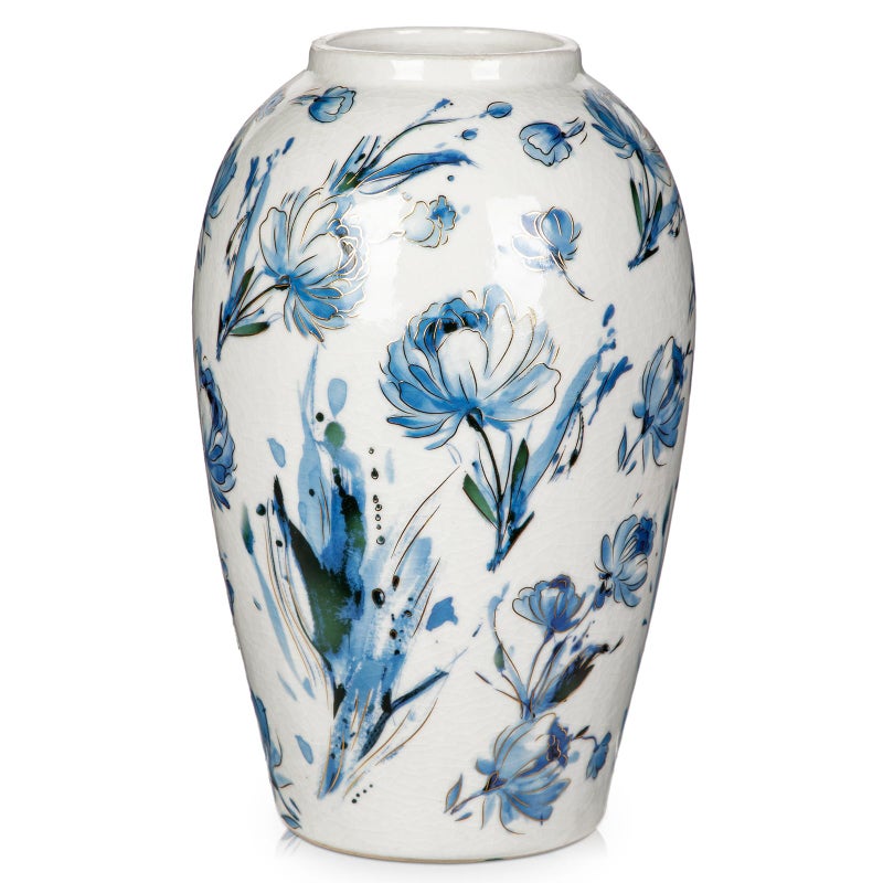 Arborus Ceramic Flower Vase, 9.8 Inch White and Blue Rustic Vases for Home Decor, Handcrafted Farmhouse Tall Vintage Vases for Living Room, Table, Bathroom, Chinoiserie Decoration - Image 1