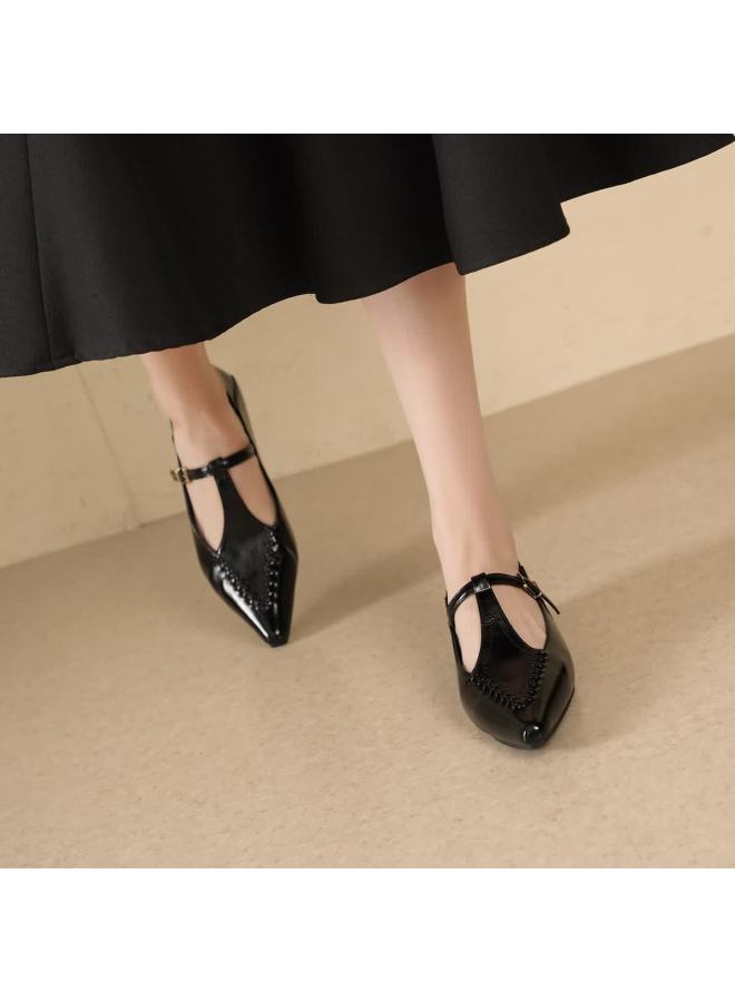 dme Demana Renaissance Commuter Vintage Pointed Toe Solid Color Woven T-strap Women's Flats Versatile Work Shoes - Image 4