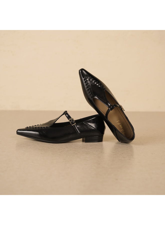 dme Demana Renaissance Commuter Vintage Pointed Toe Solid Color Woven T-strap Women's Flats Versatile Work Shoes - Image 5