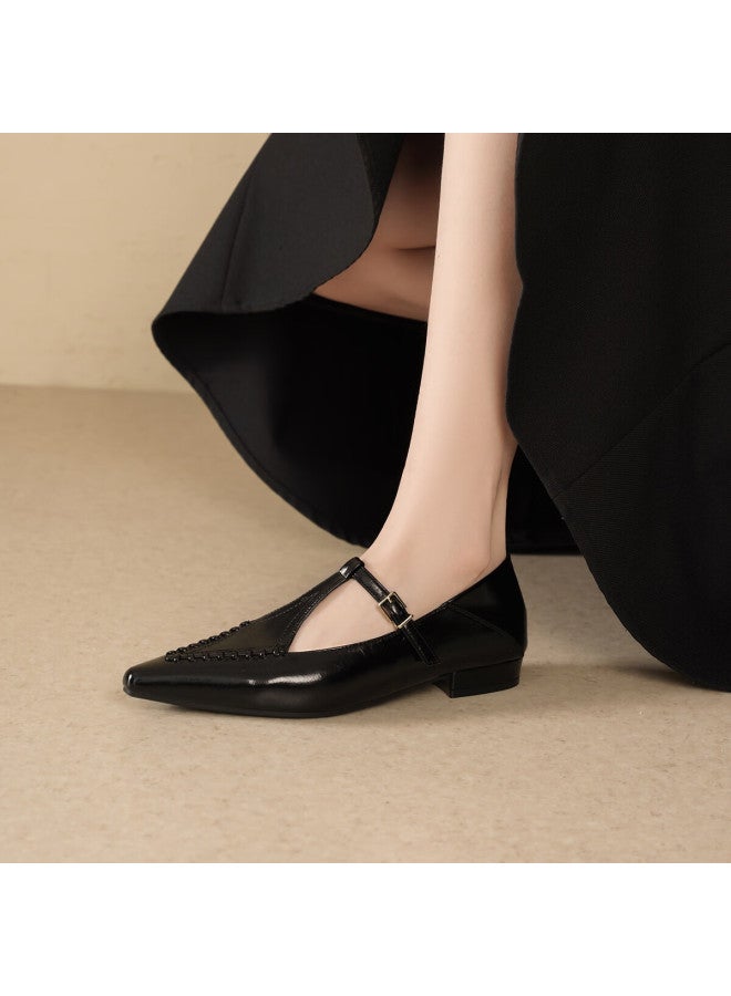 dme Demana Renaissance Commuter Vintage Pointed Toe Solid Color Woven T-strap Women's Flats Versatile Work Shoes - Image 3