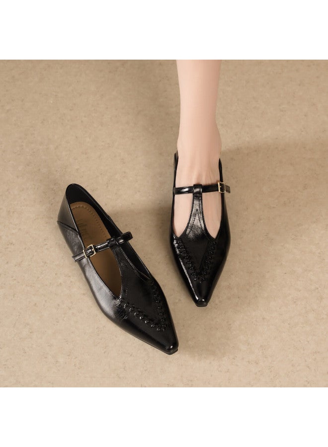 dme Demana Renaissance Commuter Vintage Pointed Toe Solid Color Woven T-strap Women's Flats Versatile Work Shoes - Image 1