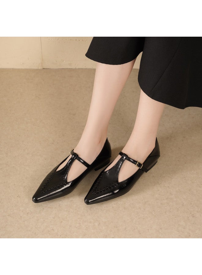 dme Demana Renaissance Commuter Vintage Pointed Toe Solid Color Woven T-strap Women's Flats Versatile Work Shoes - Image 2