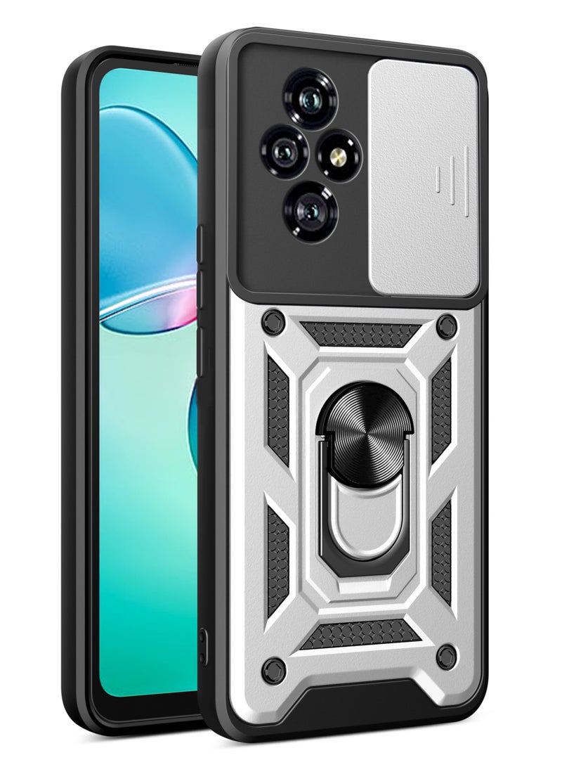 Shunjia Sliding Window Case, Shockproof Rugged Armor with Sliding Camera Cover & 360° Ring Kickstand, Compatible with Honor 200 (Silver)