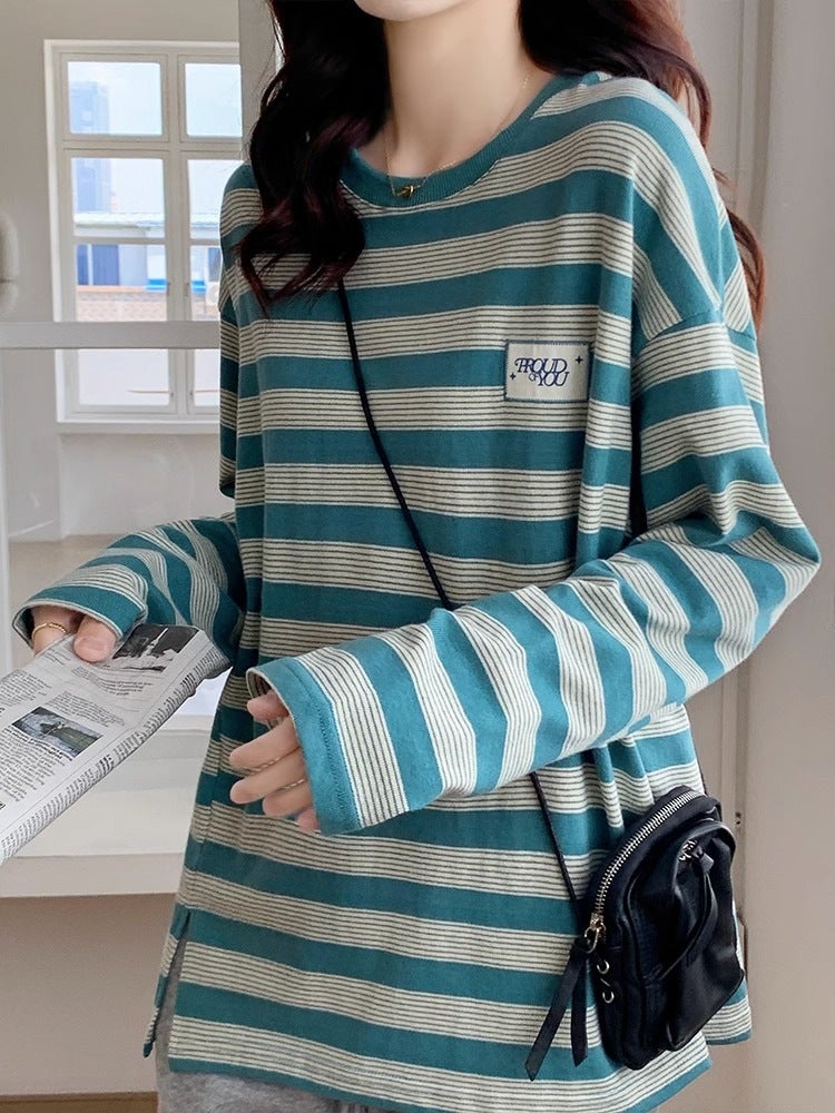 New Cotton American Stripe T-Shirt Women'S Long-Sleeved Korean-Style Loose Slimming Split Design Base Shirt - Image 5