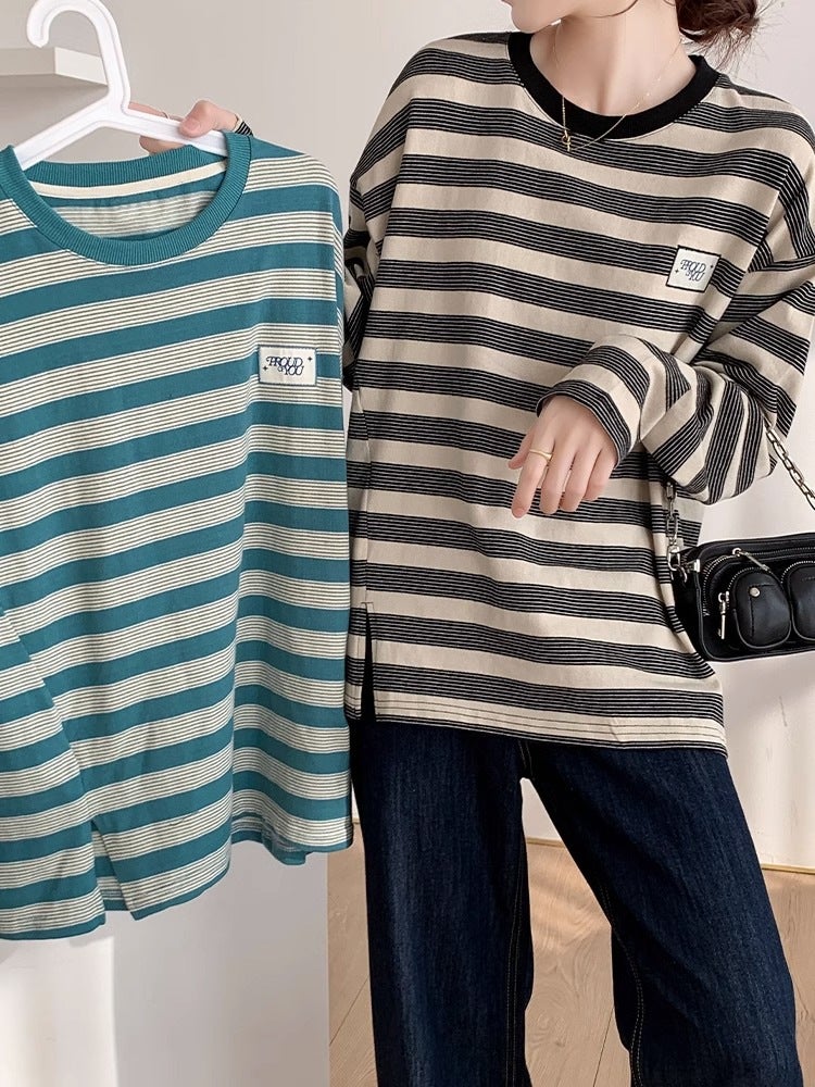 New Cotton American Stripe T-Shirt Women'S Long-Sleeved Korean-Style Loose Slimming Split Design Base Shirt - Image 2