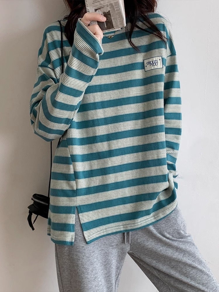 New Cotton American Stripe T-Shirt Women'S Long-Sleeved Korean-Style Loose Slimming Split Design Base Shirt - Image 3