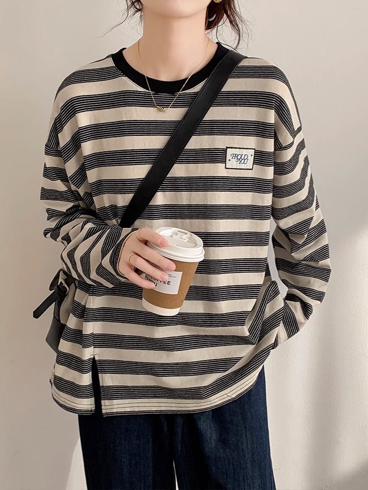 New Cotton American Stripe T-Shirt Women'S Long-Sleeved Korean-Style Loose Slimming Split Design Base Shirt - Image 1