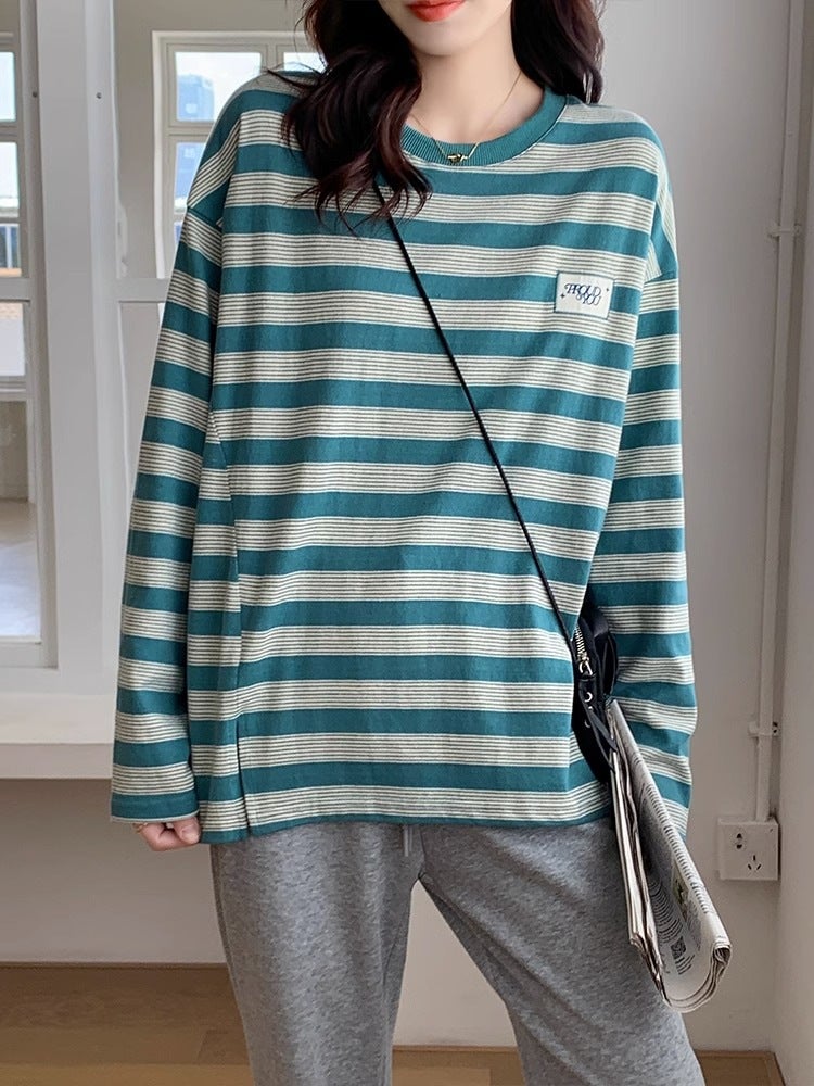 New Cotton American Stripe T-Shirt Women'S Long-Sleeved Korean-Style Loose Slimming Split Design Base Shirt - Image 4