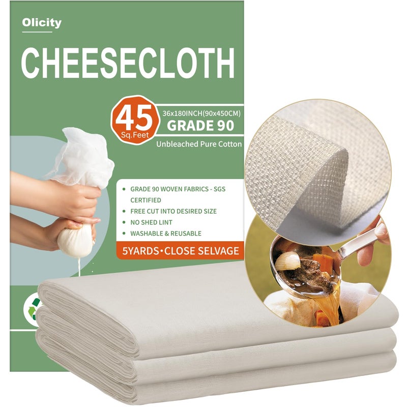 Olicity Cheese Cloths Grade 90 45 Sq Feet Reusable Cheese Cloth with Closed Edges Unbleached Cotton Cheesecloth for Straining Fine Mesh Fabric Muslin Cloth for Cooking Baking MilkCrafts5 Yards