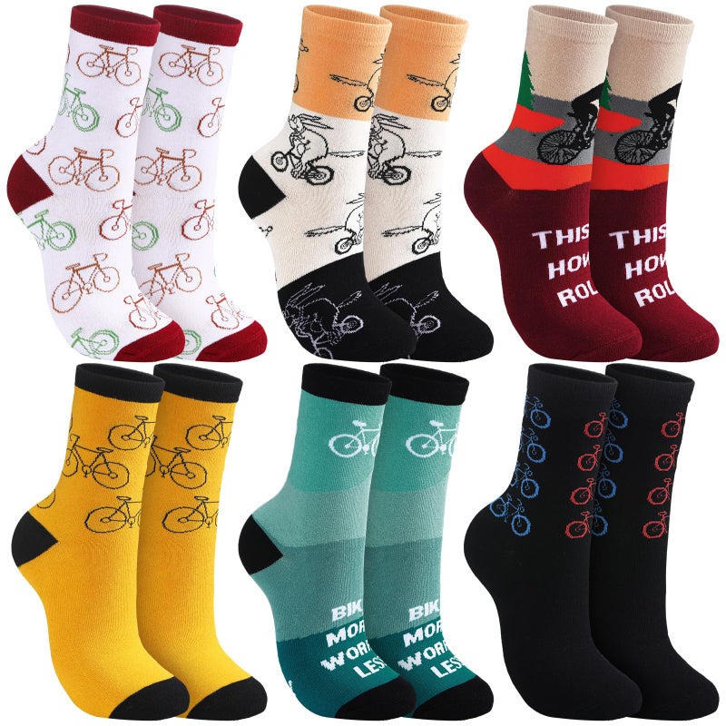 Zoooyawn 6 Pairs Cycling Biking Socks for Men Women Biking Gifts Bulk Funny Crew Socks for Mountain Bike Sports Lovers Gifts(Cycling) - Image 1