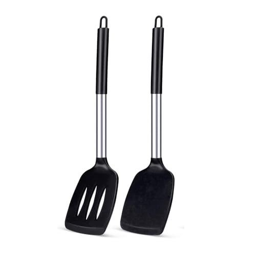 Carrot - Pack of 2 Silicone Solid Spatula Turner,Non Stick Slotted Kitchen Spatulas,High Heat Resistant BPA Free Cooking Utensils,Ideal Cookware for Fish,Eggs,Pancakes (Black) - Image 1