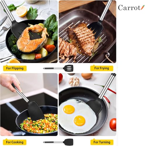 Carrot - Pack of 2 Silicone Solid Spatula Turner,Non Stick Slotted Kitchen Spatulas,High Heat Resistant BPA Free Cooking Utensils,Ideal Cookware for Fish,Eggs,Pancakes (Black) - Image 3