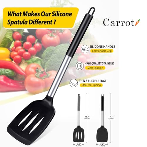 Carrot - Pack of 2 Silicone Solid Spatula Turner,Non Stick Slotted Kitchen Spatulas,High Heat Resistant BPA Free Cooking Utensils,Ideal Cookware for Fish,Eggs,Pancakes (Black) - Image 2