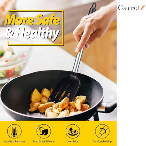 Carrot - Pack of 2 Silicone Solid Spatula Turner,Non Stick Slotted Kitchen Spatulas,High Heat Resistant BPA Free Cooking Utensils,Ideal Cookware for Fish,Eggs,Pancakes (Black) - Image 5