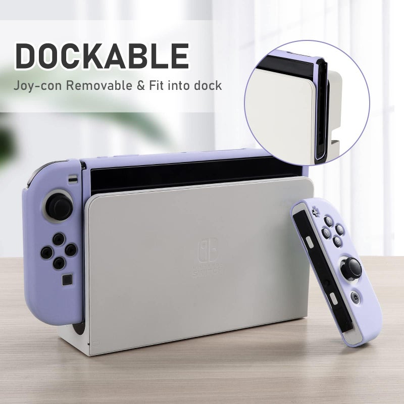 bruximly Switch OLED Case for Nintendo Switch OLED Model, Dockable Cover Soft TPU Protector Case for Switch OLED Grips & Console and Accessories with 2 Pcs Thumb Caps, Purple - Image 3