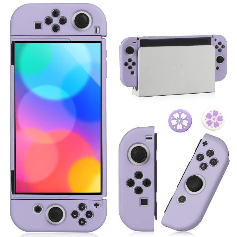 bruximly Switch OLED Case for Nintendo Switch OLED Model, Dockable Cover Soft TPU Protector Case for Switch OLED Grips & Console and Accessories with 2 Pcs Thumb Caps, Purple - Image 1