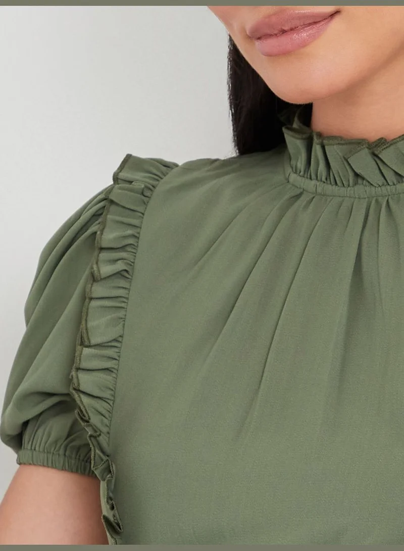 ستايلي Puff Sleeves High Neck Tiered Maxi Dress with Ruffle Detail