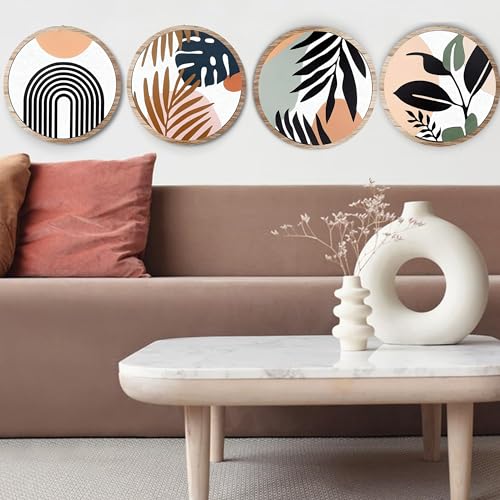 Nozvera Boho Round Wooden Wall Art Set of 4 – Minimalist Abstract & Botanical Prints – Geometric & Leaf Design – Nordic Style Wall Décor for Living Room, Printed Wall Art - Image 4
