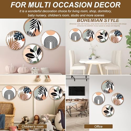 Nozvera Boho Round Wooden Wall Art Set of 4 – Minimalist Abstract & Botanical Prints – Geometric & Leaf Design – Nordic Style Wall Décor for Living Room, Printed Wall Art - Image 3