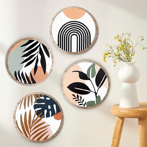 Nozvera Boho Round Wooden Wall Art Set of 4 – Minimalist Abstract & Botanical Prints – Geometric & Leaf Design – Nordic Style Wall Décor for Living Room, Printed Wall Art - Image 1