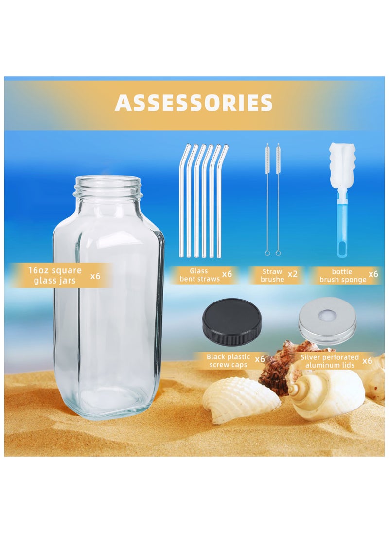 SKYLINK - 6Pack 16oz Glass Juice Bottles with Lids – Reusable Drinking Containers for Juice, Smoothies, Water, Iced Coffee – Includes 6 Glass Straws, 6 Airtight Lid, 6 Straw Lids, 1 Bottle Brush - Image 1