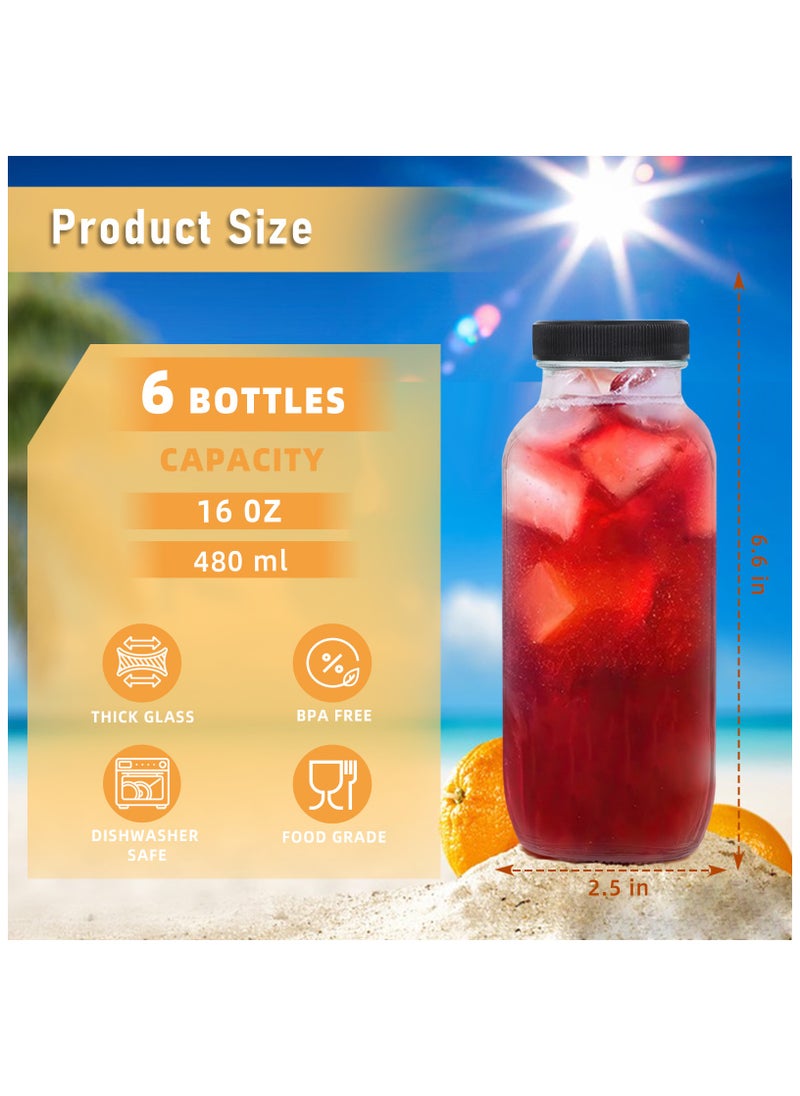 SKYLINK - 6Pack 16oz Glass Juice Bottles with Lids – Reusable Drinking Containers for Juice, Smoothies, Water, Iced Coffee – Includes 6 Glass Straws, 6 Airtight Lid, 6 Straw Lids, 1 Bottle Brush - Image 1
