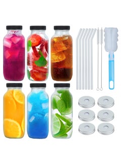 6Pack 16oz Glass Juice Bottles with Lids – Reusable Drinking Containers for Juice, Smoothies, Water, Iced Coffee – Includes 6 Glass Straws, 6 Airtight Lid, 6 Straw Lids, 1 Bottle Brush