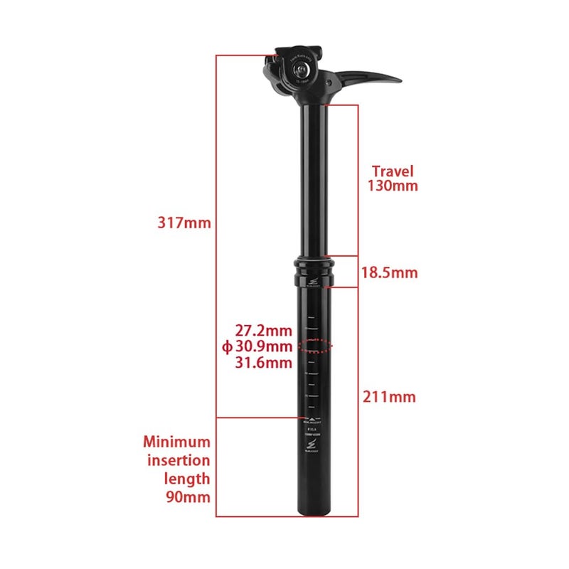 Bibike Dropper Seatpost 27.2/30.4/30.9/31.6mm x 410mm Length 130mm Travel Lightweight Seatpost - Image 2
