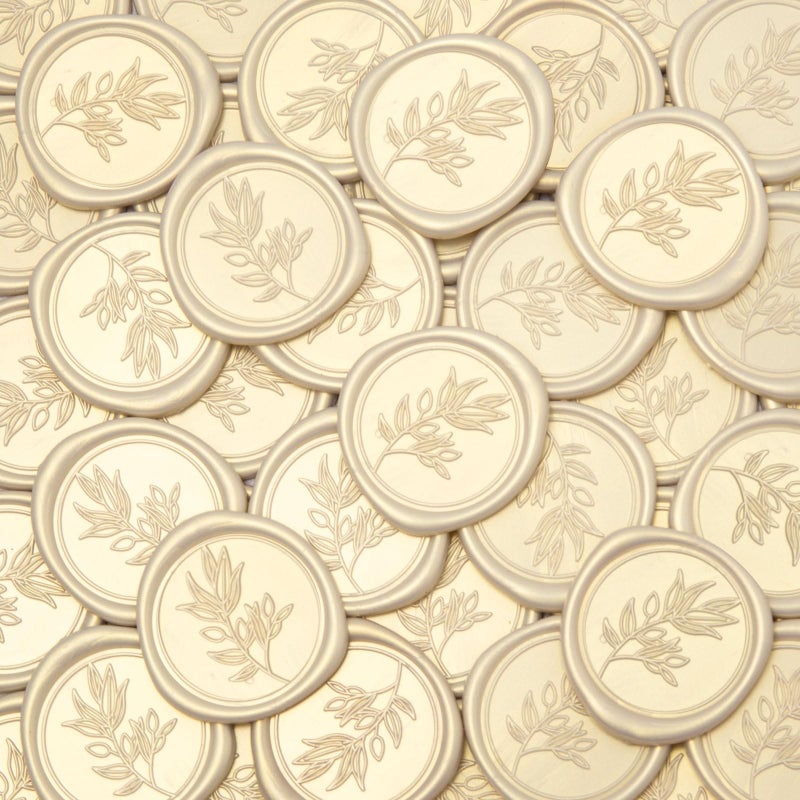 Pilloze 50Pcs Ivory White Self-Adhesive Wax Seal Stickers Wedding, Olive Branch Style Wax Seal Perfect for Wedding Invitation or Envelope Good Adhesion and Easy to Use - Image 1